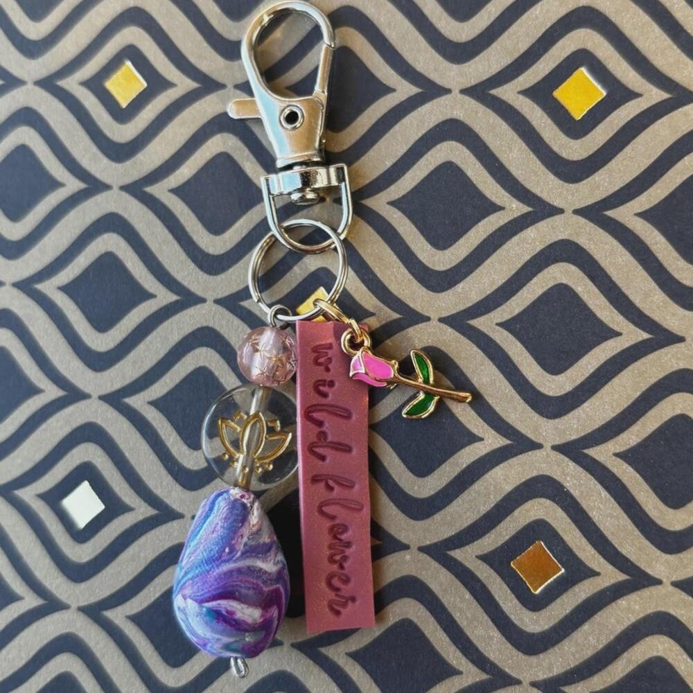 Handmade Beaded Keychain: Polymer Clay, Wildflower Charm, Gift for Her